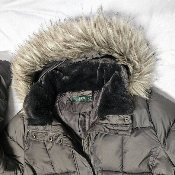 Ralph Lauren Faux-Fur-Trimmed Hooded Puffer Coat Women Size XL Charcoal - Picture 9 of 13